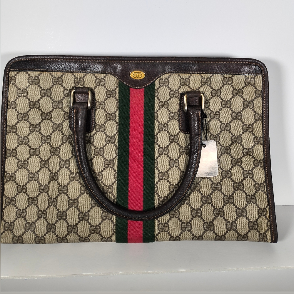 Gucci Briefcase Beige and Brown Tote Bag Book Bag W/ COA